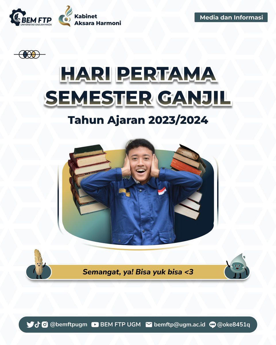 bemftpugm's tweet photo. [HARI PERTAMA SEMESTER GANJIL 2023/2024]

Halo, Sobat Pangan! 👋

Tidak terasa sudah masuk Semester Ganjil Tahun Ajaran 2023/2024, ya! Jangan lupa persiapkan starter pack kuliah dan jangan lupa jaga kesehatannya selalu. Semangat, nggih 🔥 https://t.co/ttWMjaR36i