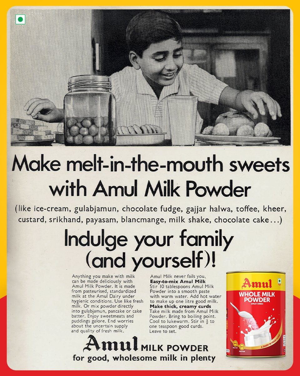 Amul_Coop's tweet photo. Rich in delight, your instant milkman is back from the 70s in a brand-new avatar. Versatile enough to prepare ice creams, gulab jamuns and many more with your favourite Amul Whole Milk Powder. 
#Amul #WholeMilkPowder #InstantMilkman #Desserts #Delicious https://t.co/LXsX0pIKFt