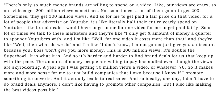 RahulSanghi1's tweet photo. This is such an insane anecdote (from the upper echelons of the creator economy).

@MrBeast basically admitting he can't do brand deals anymore because it's impossible to be fairly compensated for the kind of distribution he brings in.

(via @ColinandSamir) https://t.co/Whl4EevB91