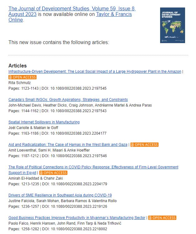 Our 8⃣th [August] issue of 2023 is up:          

Featuring  8⃣ articles &amp; 4⃣ book reviews!

* on gender, NGO growth, aid, COVID response, business productivity &amp; more

🇧🇷🇮🇱🇪🇬🇰🇭🇵🇭🇲🇲🇮🇩

Take a peak 👇🏾tandfonline.com/toc/fjds20/59/8