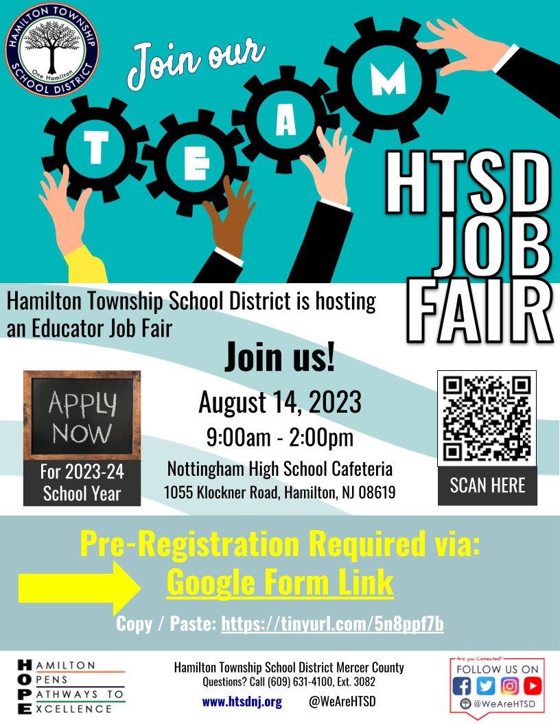 📣 TODAY in Hamilton: HTSD Educator Job Fair 🗓 AUG. 14th 🕰 9am-2pm 🏡 @HTSD_Nottingham Cafe ✔️ Pre-Registration is required ➡️ tinyurl.com/2n2bmh7t #HTSD #HTSDPride @ScottRRocco @HTSDSecondary @HTSDCurriculum @HTSD_HR @HTSD_Tech @LauraGeltch @HamiltonTwpNJ