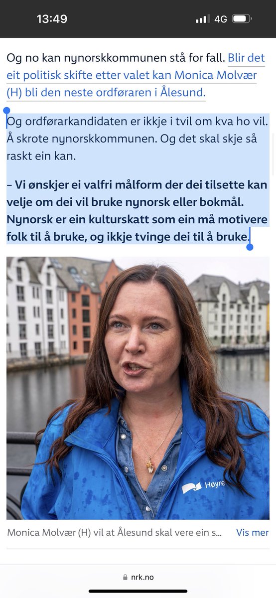 Dei fleste har forlate den urbane krampeaktig motstanden mot nynorsk. Men ikkje Monica Moøvær i Ålesund Høgre. Ho skal vinne valet og økse bort nynorsken. Eg blir heilt matt.