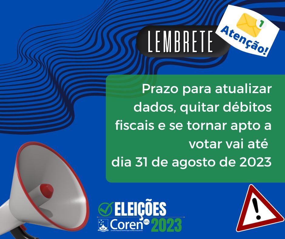 CorenMS's tweet image. O prazo para que os profissionais atualizem os dados cadastrais, quitem os débitos fiscais e fiquem aptos a votar nas eleições dos Corens vai até o dia 31 de agosto de 2023.

As eleições ocorrerão do dia 1º de outubro até o dia 2 de outubro de 2023, exclusivamente pela internet.