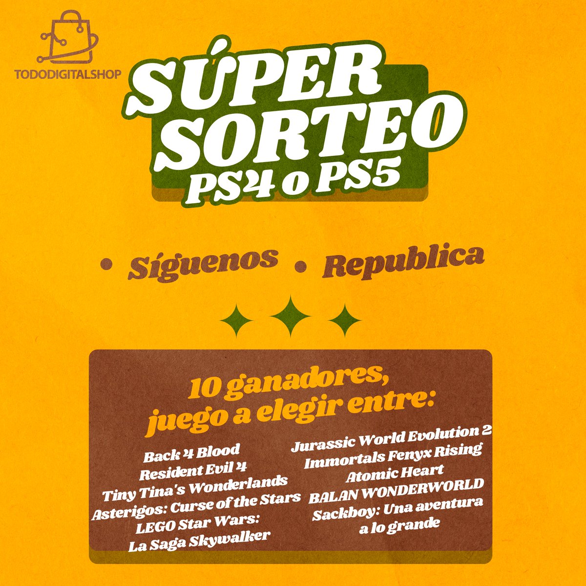 🔥Sorteamos 10 juegos de liquidación a elegir para PS4 o PS5🔥

✖️Para participar✖️
👉 Da RT
👉 Síguenos

⚠️Daremos los 10 ganadores el domingo 20⚠️