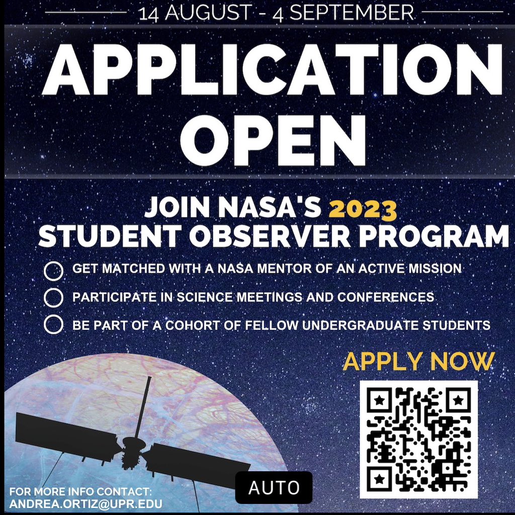 nasa_pr's tweet photo. Looking for undergraduate students from any faculty or major that are interested in Planetary Science! Join our Here to Observe program to get up close and personal with a NASA Planetary Science Division mission!

Link: https://t.co/dSgJXad74B

@GerardoMorellPR https://t.co/vqEGnTbr2W