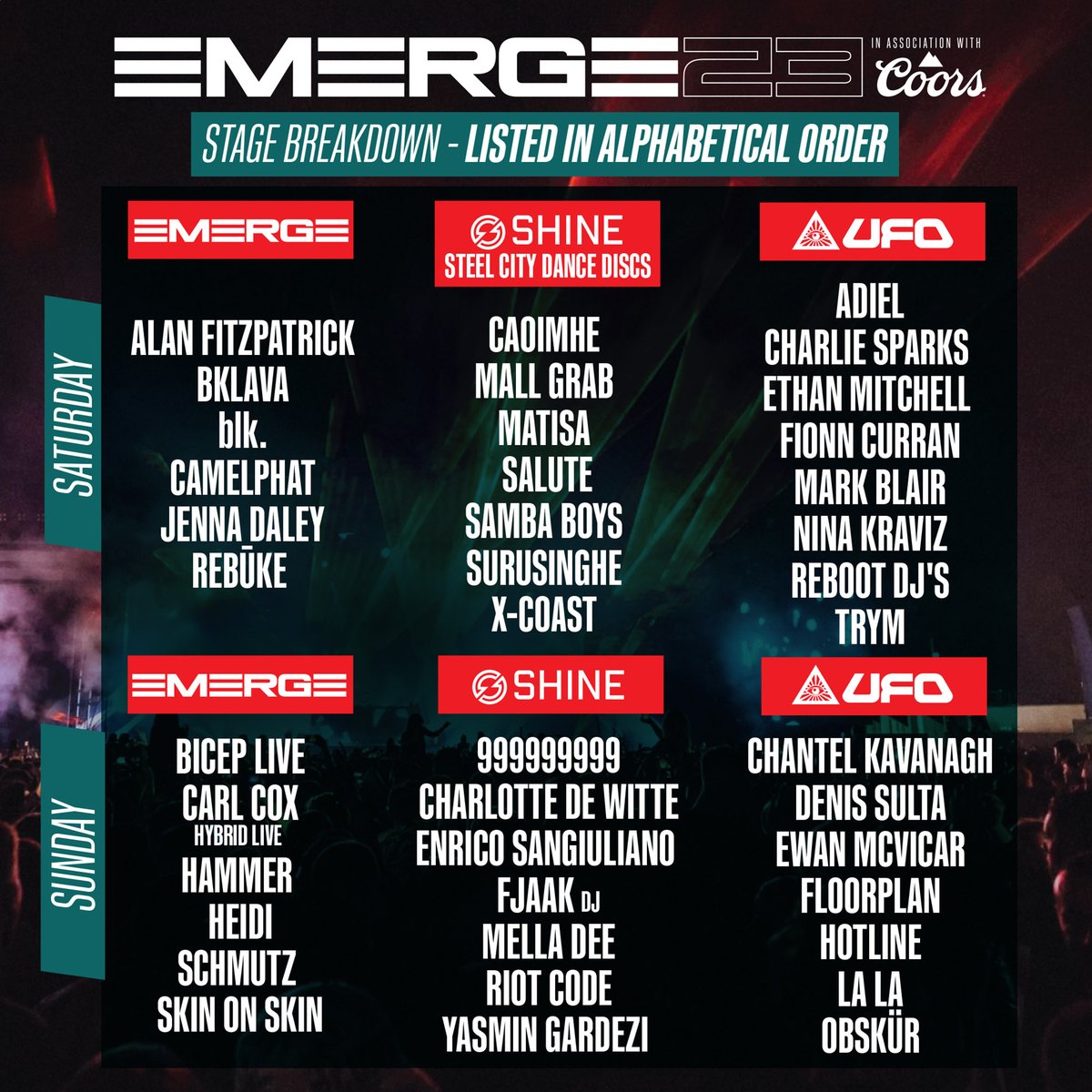 𝗦𝗧𝗔𝗚𝗘 𝗕𝗥𝗘𝗔𝗞𝗗𝗢𝗪𝗡𝗦 •• Your #Emerge23 stage breakdowns are here - listed in alphabetical order with set times to follow 🙌🏻

It's now just 12 days away from our mega festival to mark the end of the summer, if you haven't got your ticket yet → now is the time! ⏰