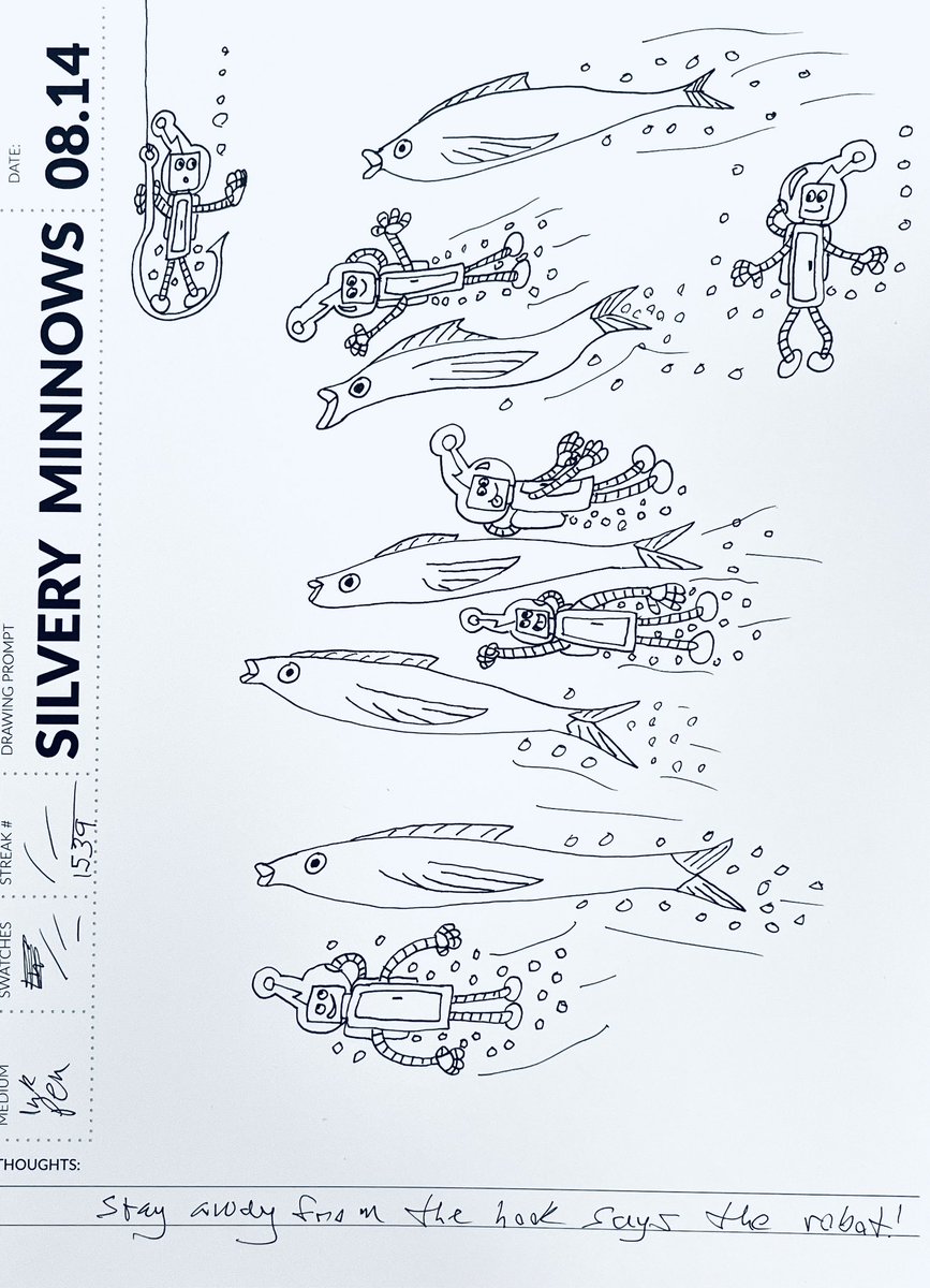 Randy the Frumpy Sketch artist (@randallandrews1) on Twitter photo Day 14. Silvery Minnow. My robots keep watch over the minnows so they donāt get caught! #silveryminnows #SimpleDailyDrawing #August2023 #drawingprompts #Robots #frumpysketch <a href="/SDDArtCommunity/">Simple Daily Drawing</a> Day 14. Silvery Minnow. My robots keep watch over the minnows so they donāt get caught! #silveryminnows #SimpleDailyDrawing #August2023 #drawingprompts #Robots #frumpysketch <a href="/SDDArtCommunity/">Simple Daily Drawing</a>