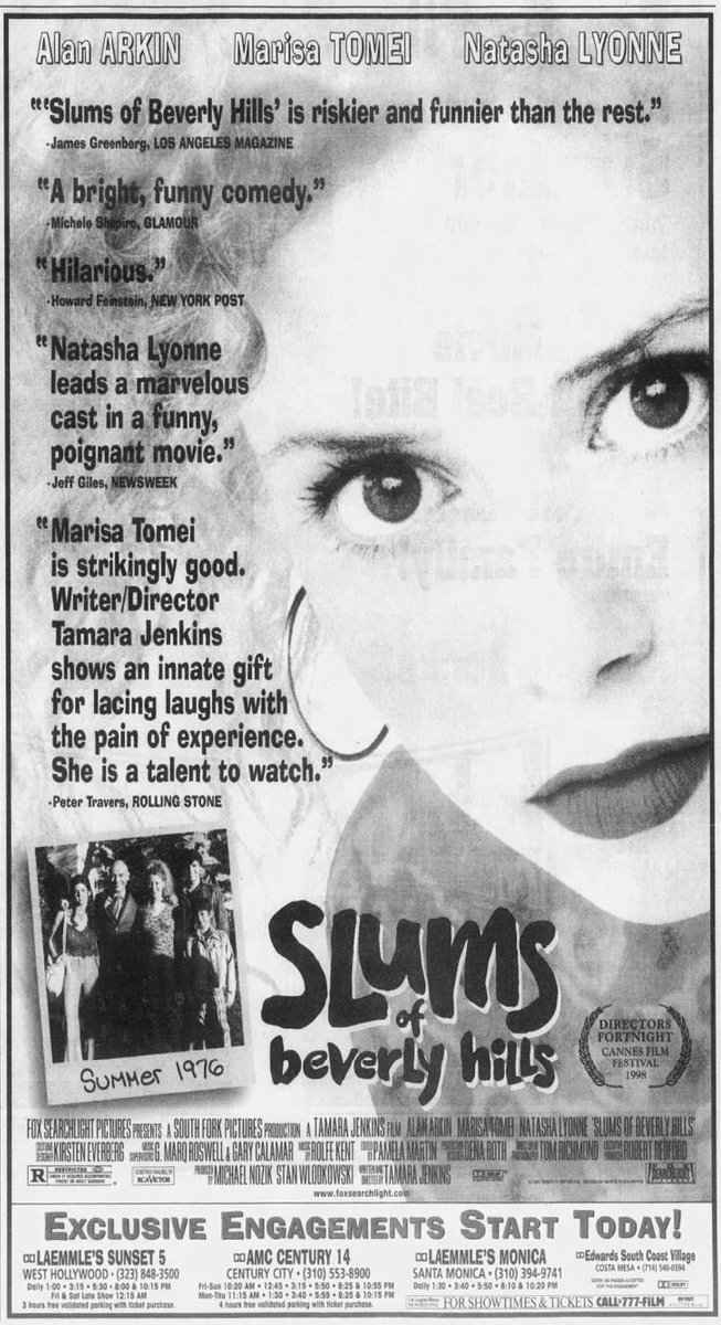 CONELRAD6401240's tweet photo. Tamara Jenkins' classic THE SLUMS OF BEVERLY HILLS starring @nlyonne, #AlanArkin (R.I.P.), #MarisaTomei, @Davidkrumholtzy, @KevinFCorrigan, #CarlReiner (R.I.P.), #RitaMoreno, #JessicaWalter (R.I.P.) and #JayPatterson opened #OTD in 1998. https://t.co/19Ykeyz9FE