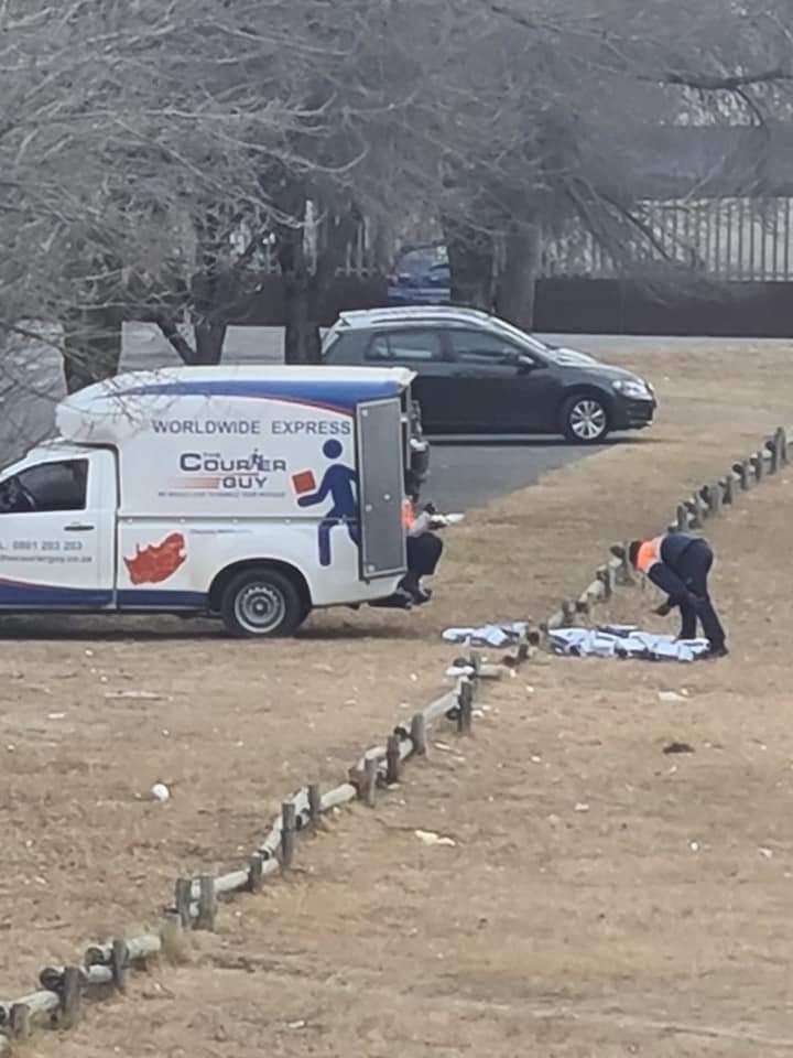 'This is what happen to parcels send with The Courier Guy. Watched from my offices in Randburg how the drivers of the vehicles first removed all the parcels and then meticously check each parcel and contents. In a public park. I won't trust them with any of mý parcels!'