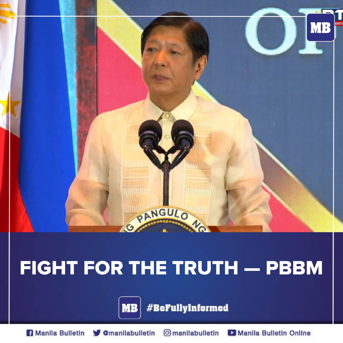 manilabulletin's tweet photo. Leading the launching of a media literacy campaign on Monday, President Ferdinand "Bongbong" Marcos Jr. issued a challenge to the government and the nation to fight for the truth.

READ: https://t.co/TfxOY0nc9p https://t.co/hV90pV1UuK