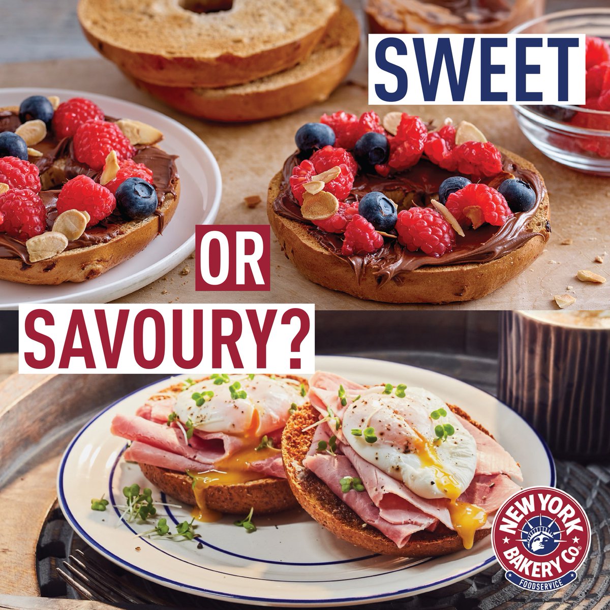 Sweet or savoury? 🥯 

Poached eggs and ham layered on a New York Bakery Co. wholemeal bagel or a cinnamon raisin bagel topped with chocolate hazelnut spread, berries, and almonds?