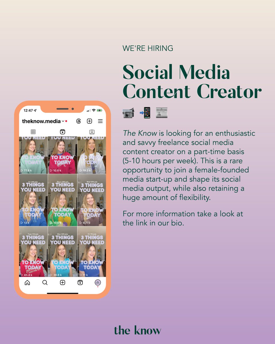 ❣️ Join us!

We're looking for a social media content creator on a part-time basis (5-10 hours per week). If you're confident in front of the camera &amp; highly familiar with TikTok &amp; Reels, this could be the perfect opportunity for you.

Find out more:
theknowmedia.co/content-creato…