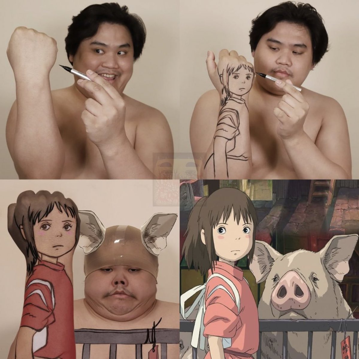tyomateee's tweet photo. ジブリのコスプレで「千と千尋の神隠し」を安上がりに再現したタイ人男性、発想力が凄すぎる... https://t.co/E1sq6B4lt4