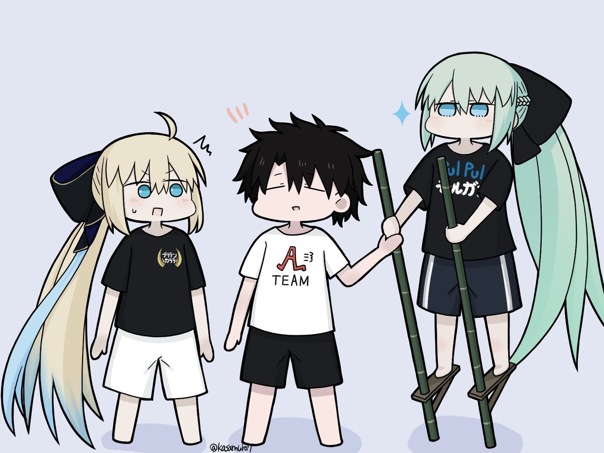 artoria caster (fate) ,artoria pendragon (fate) ,fujimaru ritsuka (male) ,morgan le fay (fate) 2girls multiple girls shirt 1boy shorts black shirt bow  illustration images