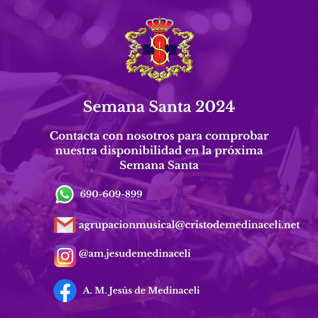 AM_Medinaceli's tweet photo. ABRIMOS PLAZO DE CONTRATACIÓN. 

Ponte en contacto con nosotros para saber los días que tenemos libres para poder acompañaros en Semana Santa de 2024.

#medinaceli #sonesmorados #alcaladehenares #semanasanta https://t.co/FxrYlTk6RU