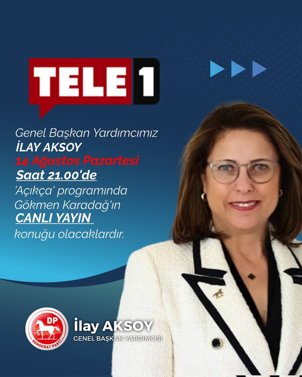 _DemokratParti's tweet photo. Genel Başkan Yardımcımız Sayın İlay Aksoy @ilay_aksoy Bu Akşam Saat 21.00'de @tele1comtr ekranlarında canlı yayın konuğu olacaklardır. https://t.co/aEv4vqNYux