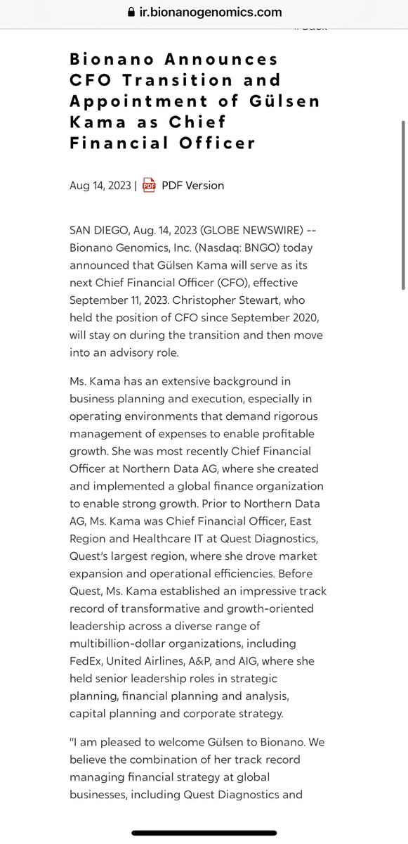 ciscojmd's tweet photo. $BNGO 📣🔥🔥PR NEWS DROP: I warned y’all this was coming. Erik accepts ZERO responsibility!! Bionano Announces CFO Transition and Appointment of Gülsen Kama as Chief Financial Officer #BNGO #Bionano #OGM #SaveLivesNotPockets
SAN DIEGO, Aug. 14, 2023 (GLOBE NEWSWIRE) -- Bionano Genomics, Inc. (Nasdaq: BNGO) today announced that Gülsen Kama will serve as its next Chief Financial Officer (CFO), effective September 11, 2023. Christopher Stewart, who held the position of CFO since September 2020, will stay on during the transition and then move into an advisory role.
https://t.co/6dgjqWHCQa