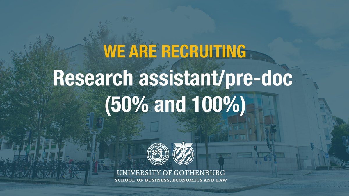 We are now recruiting one or more research assistants/pre-docs at 50% and one research assistants/pre-docs at 100% at the University of Gothenburg. gu.se/en/school-busi… #EconTwitter #JobOppportunity
