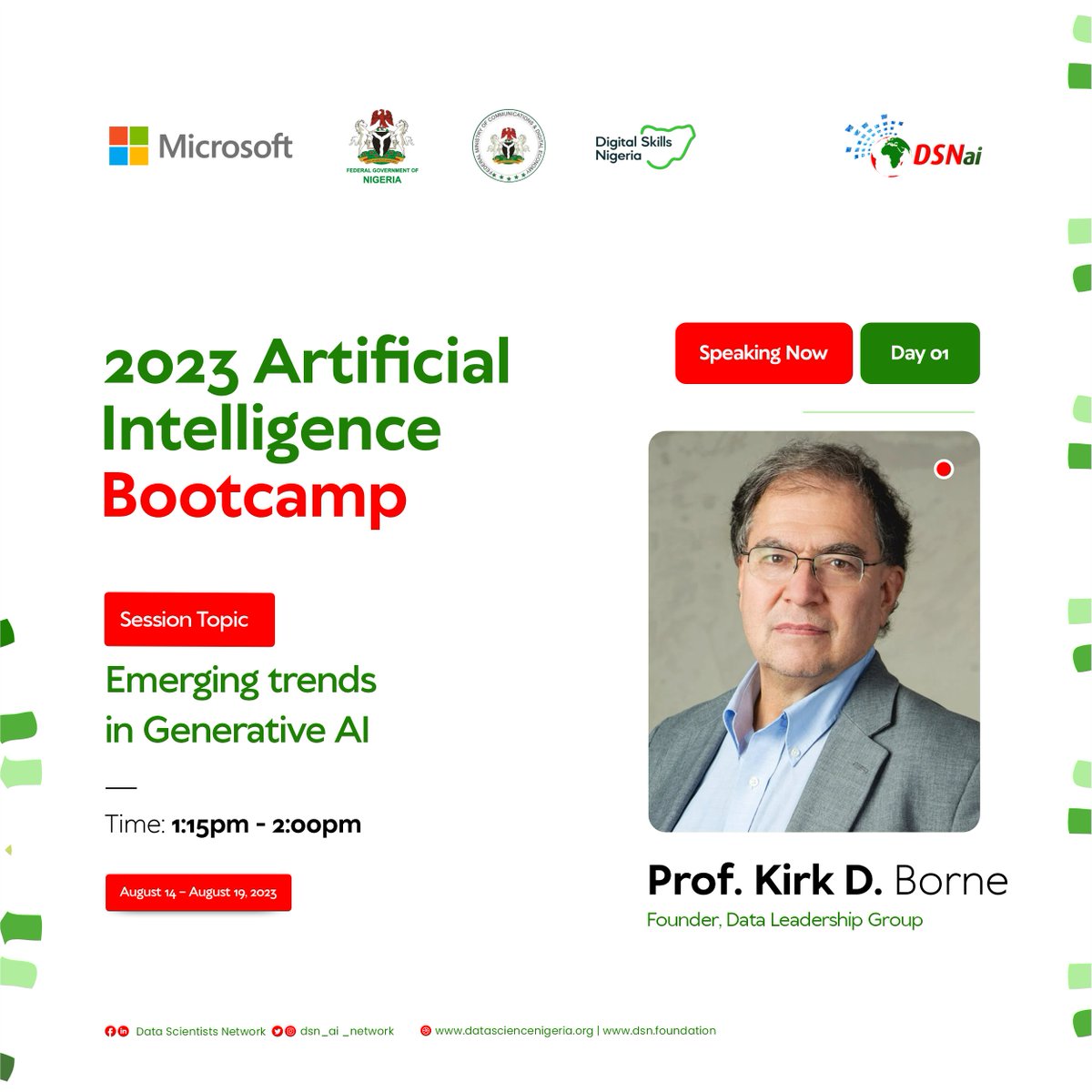 KirkDBorne's tweet photo. Thank you @dsn_ai_network for the opportunity to speak at the 2023 #AI Bootcamp. I wish great success to all bootcamp participants! 

The Future of #GenerativeAI is trending now.

The Future of AI is You!

#DataScience #MachineLearning #DeepLearning #DataScientists #DataLiteracy https://t.co/mGQ13MsCm8