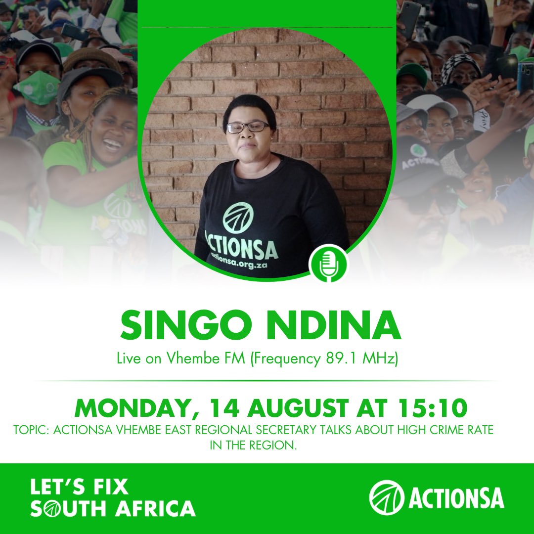 Catch ActionSA Vhembe East Regional Secretary, Singo Ndina, on Vhembe FM at 15:10 talking about high crime rate in the region.

#FixCrimeFixSA