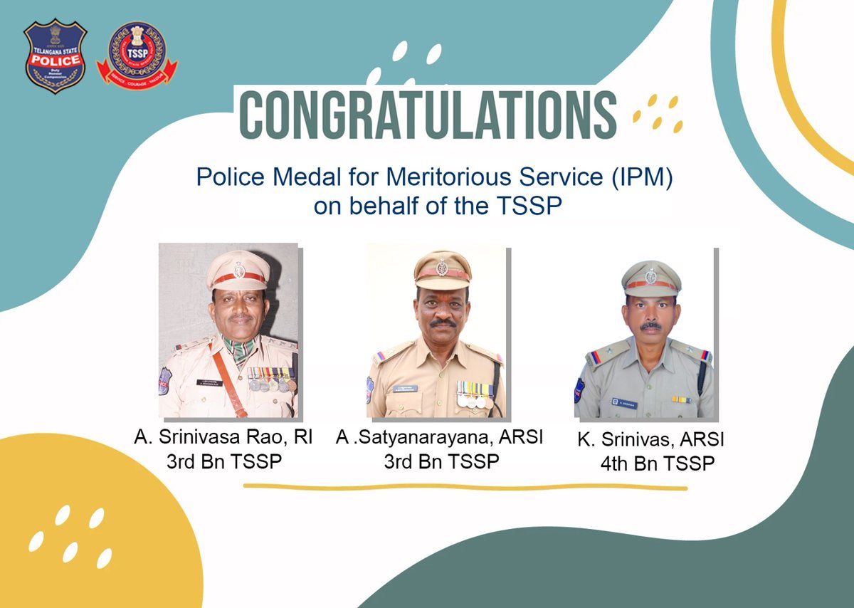 Congratulations to all the officers who are awarded the Police Medal for Meritorious Service (IPM) on behalf of TSSP. #TSSP #TSSPBattalions @SwatiLakra_IPS @TelanganaCOPs