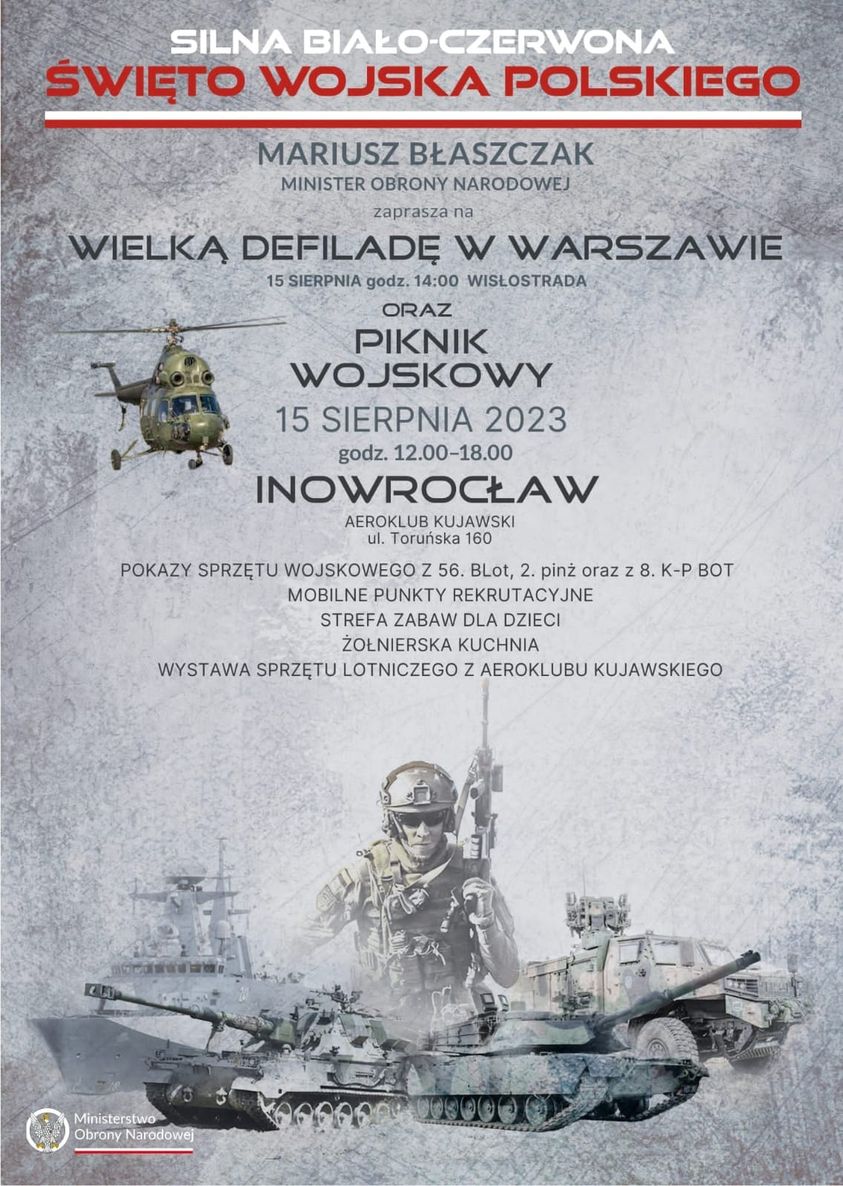 WCRInowroclaw's tweet photo. #SILNABIAŁOCZERWONA 🇵🇱nie wiem jak u WAS❓ale uwierzcie nam na słowo -Nas cały czas trzymają emocje po wczorajszym pikniku w #BARCIN😱 - więc świętujmy RAZEM🌞 Tym razem zapraszamy Was
na PIKNIK WOJSKOWY
do #INOWROCŁAW
#aeroklubkujawski 🚁
15.08.2023
od godz 12.00 do 18.00 https://t.co/TrTv7y9GP6