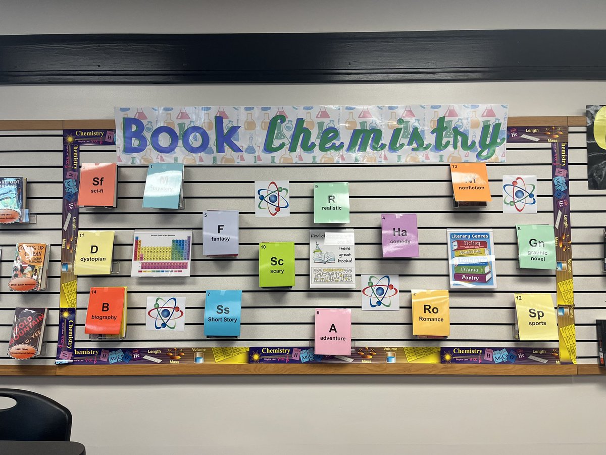 Mrs. Frizzle would approve of this display… find book chemistry this year in the library! #scavengerhuntactivity