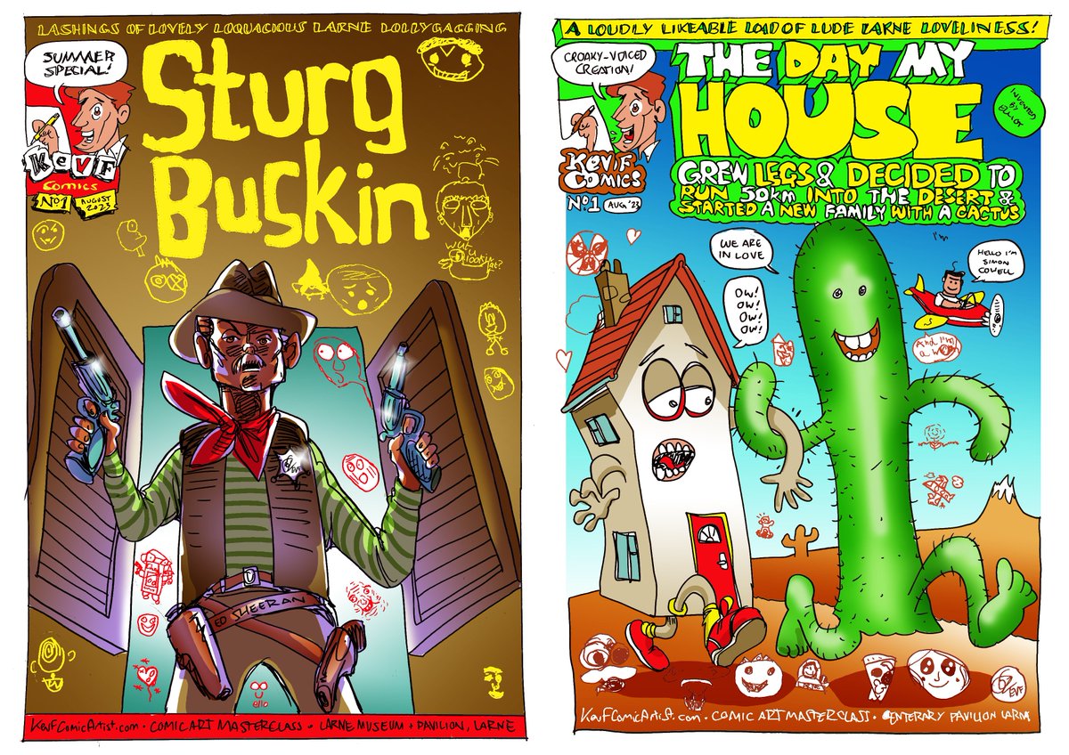Sturg Buskin + The Day My House Grew Legs and (etc) - the comics made with kids at <a href="/LarneMuseum/">Larne Museum</a> last week.

They should print out nicely at your end kids, I've also emailed them to the art centre.

And if you want any of my books, I'm at kevfcomicartist.com