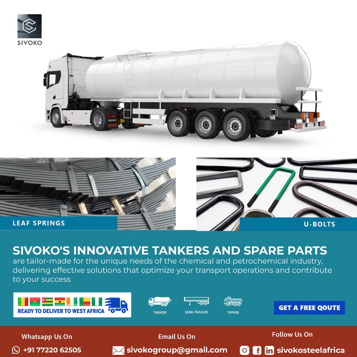 Elevating Efficiency: Sivoko Tankers and Premium Spare Parts for Unmatched Reliability.

Whatsapp us: +917722062505
Email us: Sivokogroup@gmail.com

#sivokoflatbedtrailers #transportationsolutions #heavydutyhauling #versatiletrailers #reliabletransport #efficientlogistics