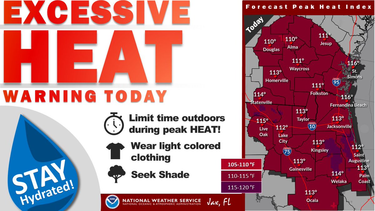 CamdenCountyEMA's tweet image. Camden County is once again under an #ExcessiveHeatWarning from 11:00 a.m. this morning until 8:00 p.m. tonight. Heat index values up to 114 are expected. Extreme heat and humidity will significantly increase the potential for heat related illnesses.