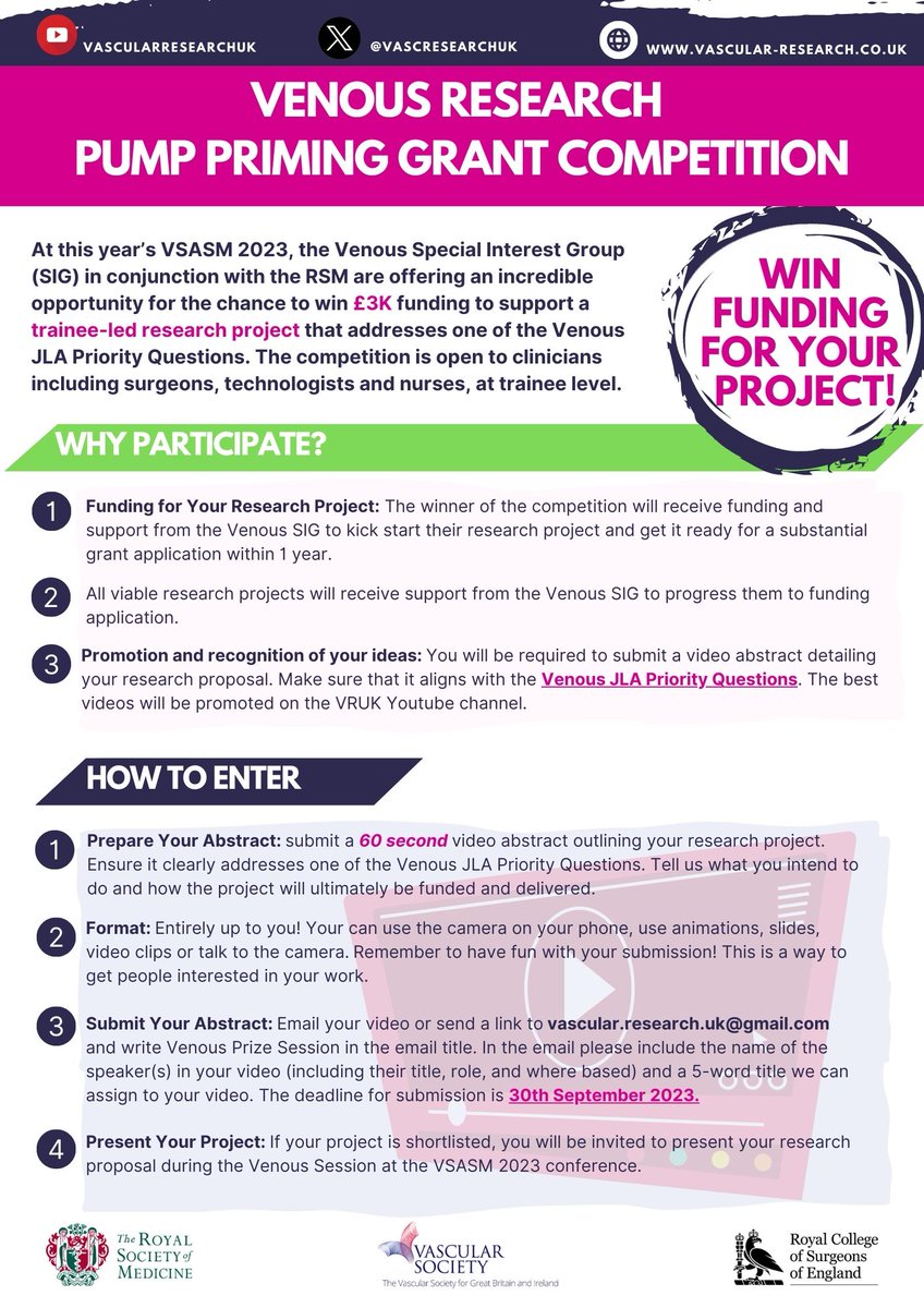 Vascular Society (@vsgbi) on Twitter photo The Venous SIG in conjunction with the RSM are offering the opportunity for the chance to win £3k funding tp support a trainee-led research project. <a href="/RoySocMed/">The Royal Society of Medicine</a> <a href="/RCSnews/">The Royal College of Surgeons of England</a> <a href="/RouleauxClub/">Rouleaux Club</a> <a href="/vascularnurses/">SVN (Society of Vascular Nurses)</a> <a href="/BSIR_News/">The British Society of Interventional Radiology</a> <a href="/svtgbi/">CSVS</a> The Venous SIG in conjunction with the RSM are offering the opportunity for the chance to win £3k funding tp support a trainee-led research project. <a href="/RoySocMed/">The Royal Society of Medicine</a> <a href="/RCSnews/">The Royal College of Surgeons of England</a> <a href="/RouleauxClub/">Rouleaux Club</a> <a href="/vascularnurses/">SVN (Society of Vascular Nurses)</a> <a href="/BSIR_News/">The British Society of Interventional Radiology</a> <a href="/svtgbi/">CSVS</a>