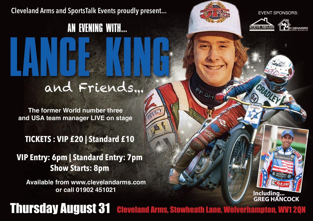 Cradley Heathens (@heathensspeed) on Twitter photo Heathens fans have you bought your tickets for an evening with two former Cradley legends Lance King and <a href="/GregHancock45/">Greg Hancock</a> on August 31.
Details here 👇 Heathens fans have you bought your tickets for an evening with two former Cradley legends Lance King and <a href="/GregHancock45/">Greg Hancock</a> on August 31.
Details here 👇