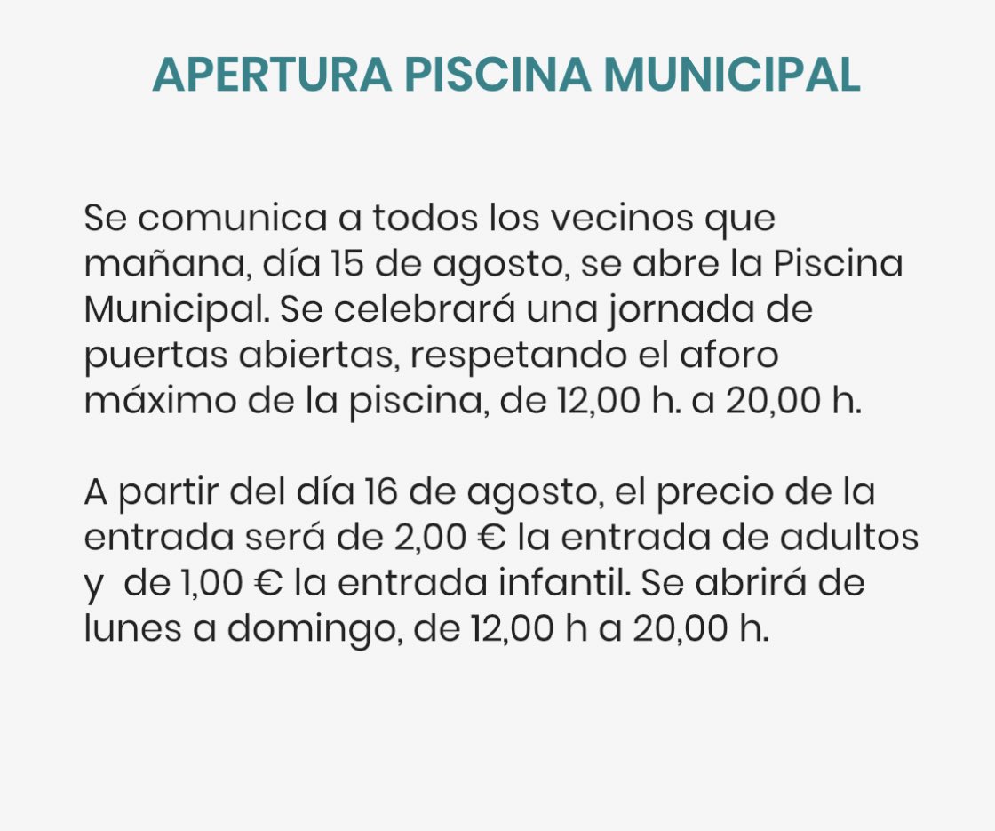 aytosantamaria's tweet photo. 🏊🏽‍♀️ Se informa a todos los vecinos y visitantes que mañana día 15 de Agosto se abrirá la piscina. Con motivo de la apertura, será gratuita la entrada, a partir del día 16, 2€ los adultos, y 1€ los niños.
Esperamos veros a todos disfrutando de la piscina! https://t.co/9C0mgh1D31