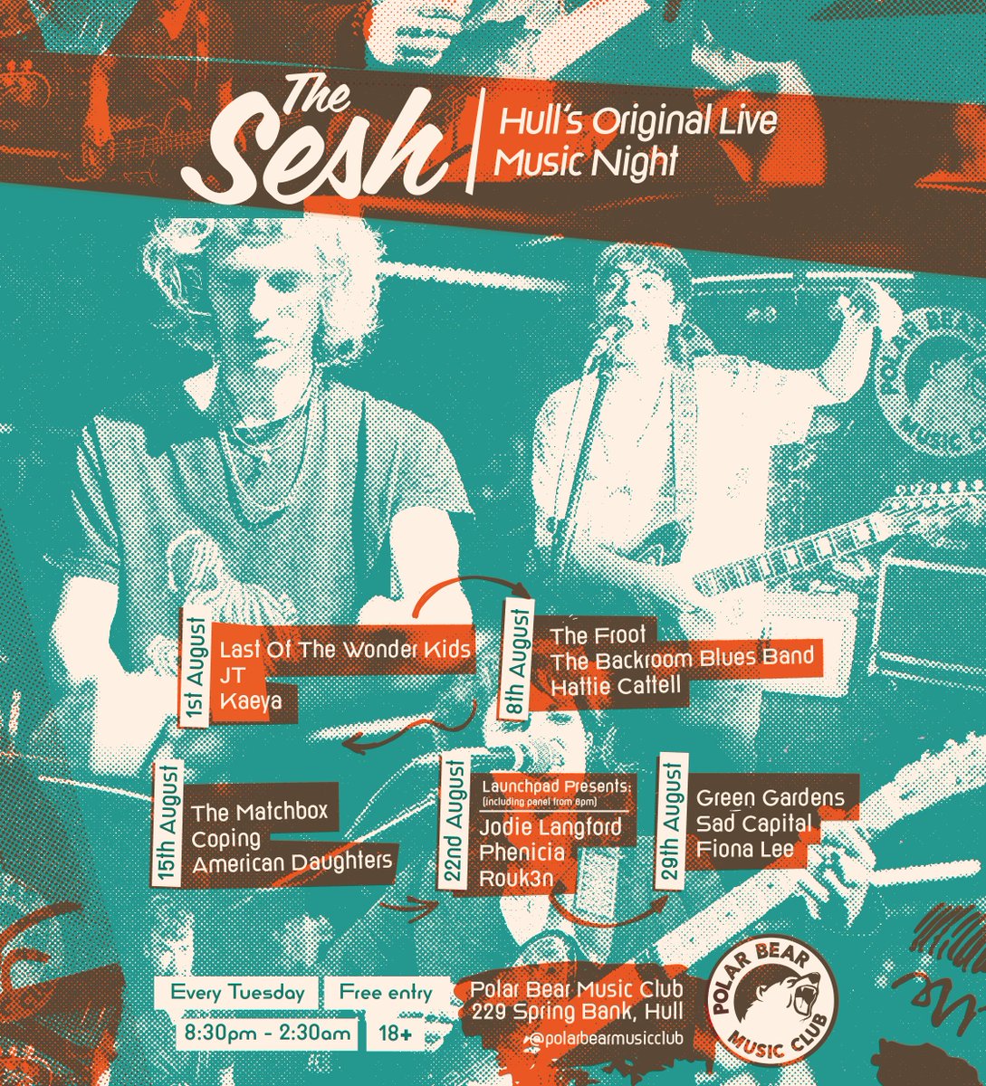 PolarBearRoars's tweet photo. THE SESH!
EVERY TUESDAY AT @PolarBearRoars 
FREE ENTRY / 18+
LIVE MUSIC - DJS TIL LATE

LINE-UP (15.08.23)
10:40PM - @TheMatchboxBand 
9:50PM - @Copingband 
9:00PM - American Daughters

+ THE SESH AFTERPARTY DJS TIL 2:30AM
#Hull https://t.co/cS4T2CJmI0