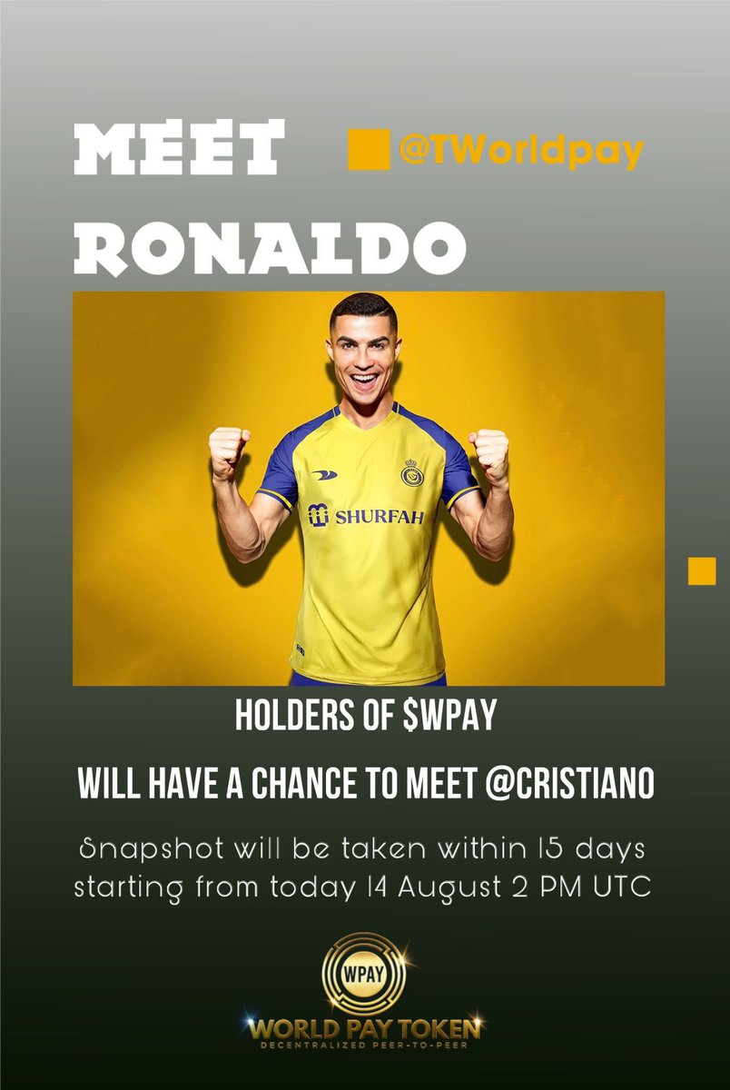 The most awaited day is here 🤩

@TWorldpay native token $WPAY will be listed today on @MEXC_Official at 2pm utc🔥

Holders of $WPAY will have a chance to meet @Cristiano ⚽️ Snapshot will be taken within 15 days starting from today 14 August 2 PM UTC✅

Are you ready for it? ⚽️…