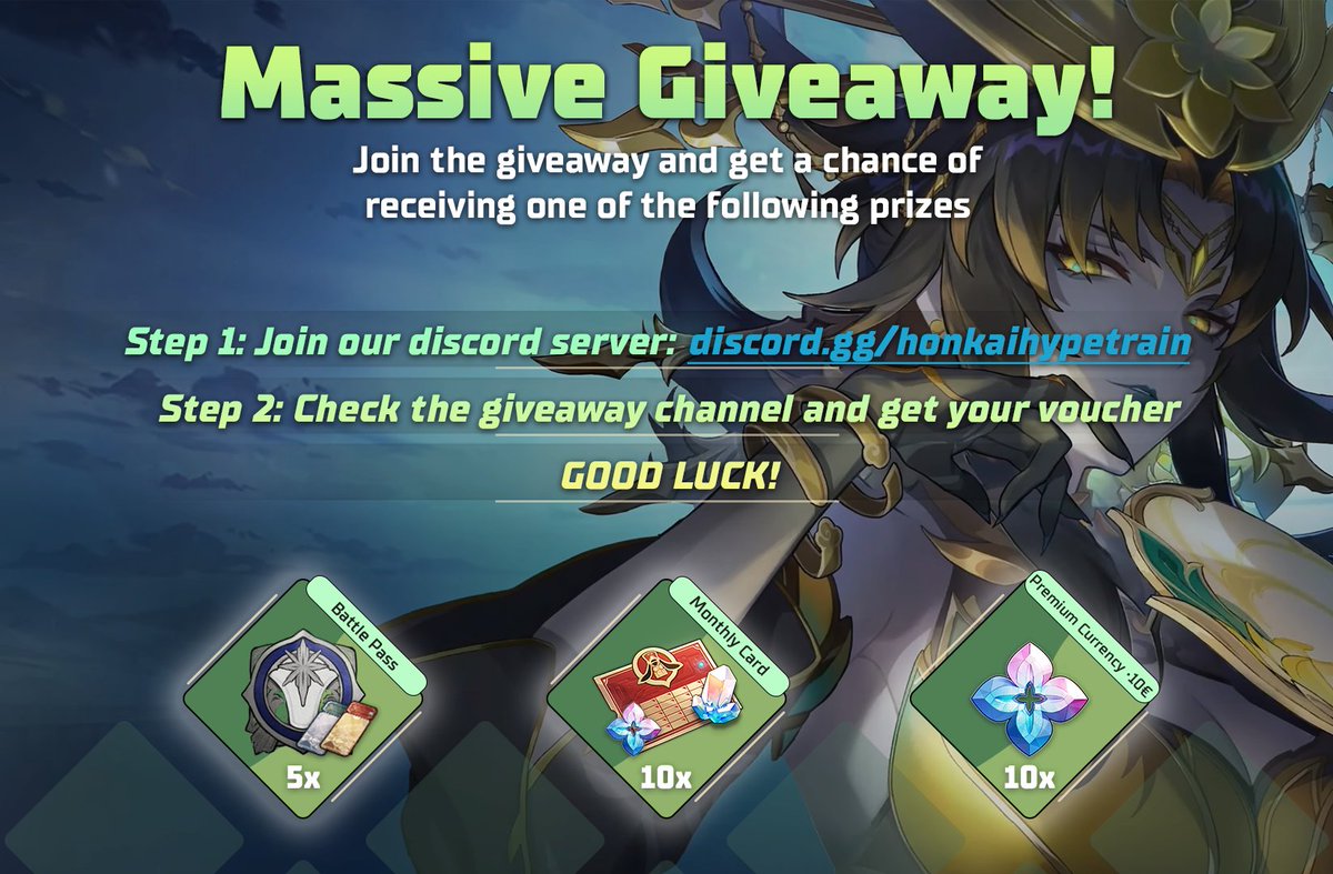 #HSR #HonkaiStarRail GIVEAWAY 🔥

Get Ready for a MASSIVE Giveaway 👀
We're Giving away the following prizes:

💎 5x Battle Passes
💎 10x Monthly Cards
💎 10x 10€ Premium Currency

Follow the instructions on the image to claim your chance!