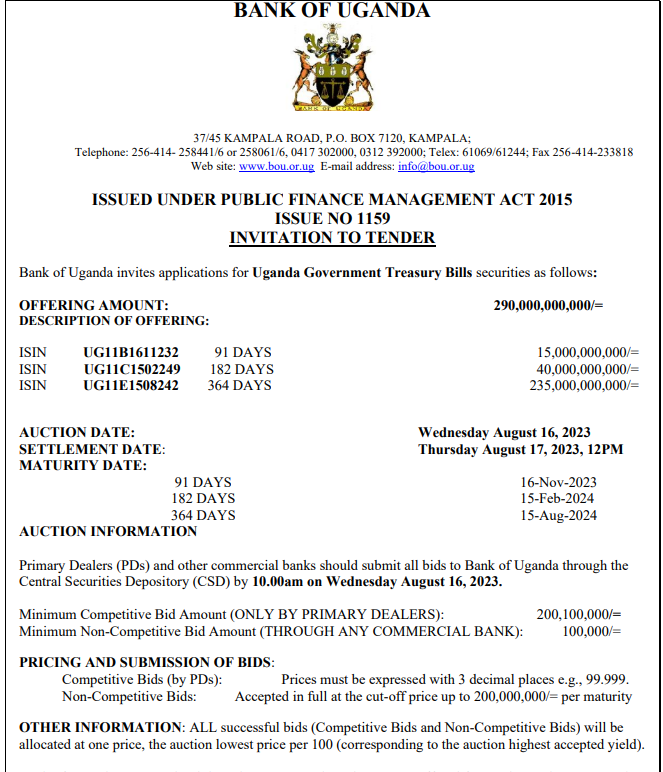 KakandeAlex's tweet photo. Treasury bills 🚨

@BOU_Official will be Auctioning off Treasury bills on Wednesday August 16, 2023. 

Send in your auction instructions to your Commercial Bank.

Invest in Treasury bills and bonds as much as you can.

What are you waiting to open up that CSD Account? https://t.co/7oeaUcmasB