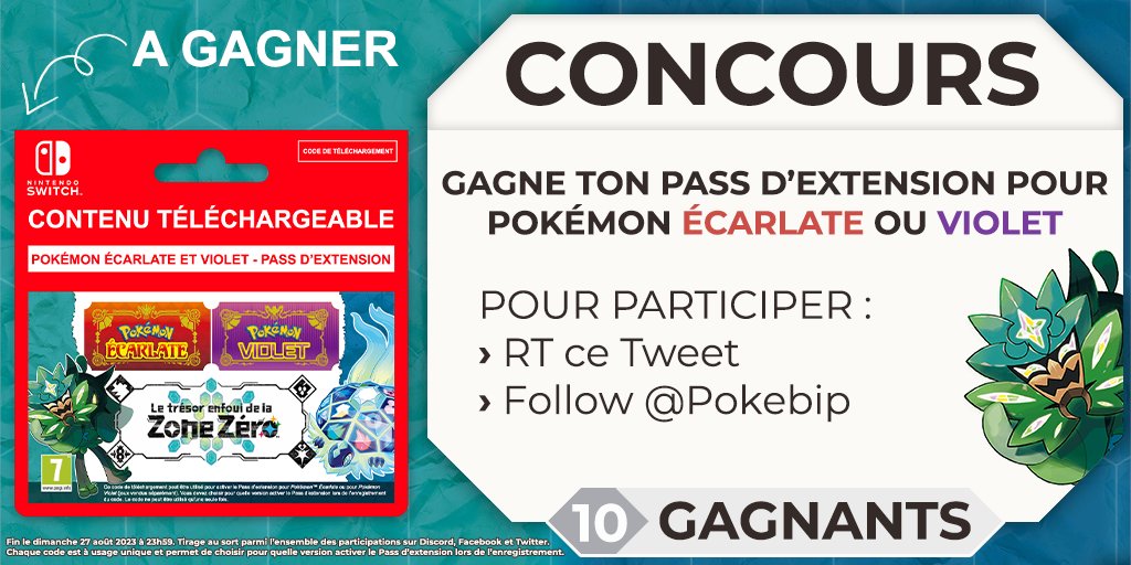✨ 𝗖𝗢𝗡𝗖𝗢𝗨𝗥𝗦 🎁
Pour fêter l'arrivée du Masque Turquoise le mois prochain, nous mettons en jeu 10 codes de téléchargement pour le Pass d'extension de #PokémonÉcarlateViolet !

🗳️ Pour participer :
› RT ce Tweet
› Follow <a href="/Pokebip/">Pokébip</a>

📅 Fin le 27/08 à 23h59
🎉 10 Gagnants