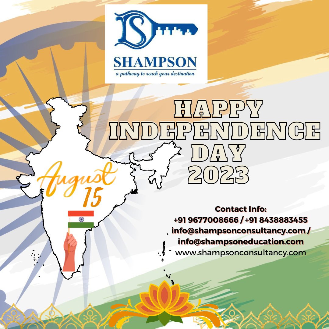 shampson_pvt's tweet photo. ๐๐Happy Independence Day!! ๐๐
#INDIA #IndianIndependence #august15
#shampsonconsultancy #studyabroad #immigration #education #tourism
#shampson #a_pathway_to_reach_your_destinationโจ https://t.co/DxaA252lcS