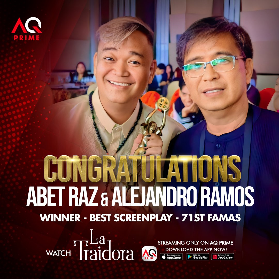 aqprimestream's tweet photo. AQ PRIME SALUTE Abet Raz and Director Bong Alejandro Ramos, for winning Best Screenplay for #LaTraidora at the 2023 FAMAS Awards. 🏆✨

AQ Prime is so proud of you! 💖

Stream #LaTraidora only on #AQPrime

Download the app now! https://t.co/AbsP6lFKdS