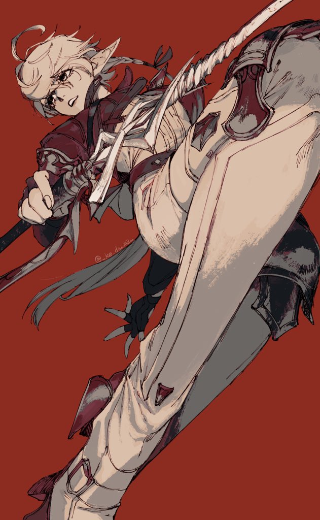 elf 1girl elezen pointy ears red background weapon solo  illustration images