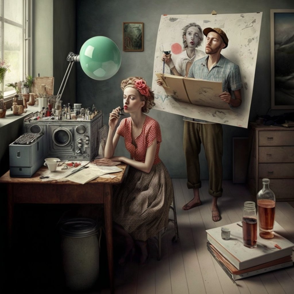 Crypto_Merz's tweet photo. From: Real Struggles of Latent Artists       

Artist or Artwork? (2022)  

"My husband pretends to be an artist. But he's a work of art I created".

https://t.co/Hf6vUuBIHH

#tezos #aiart #NFT #NFTDROPS #AI https://t.co/dht9ys6d3Z