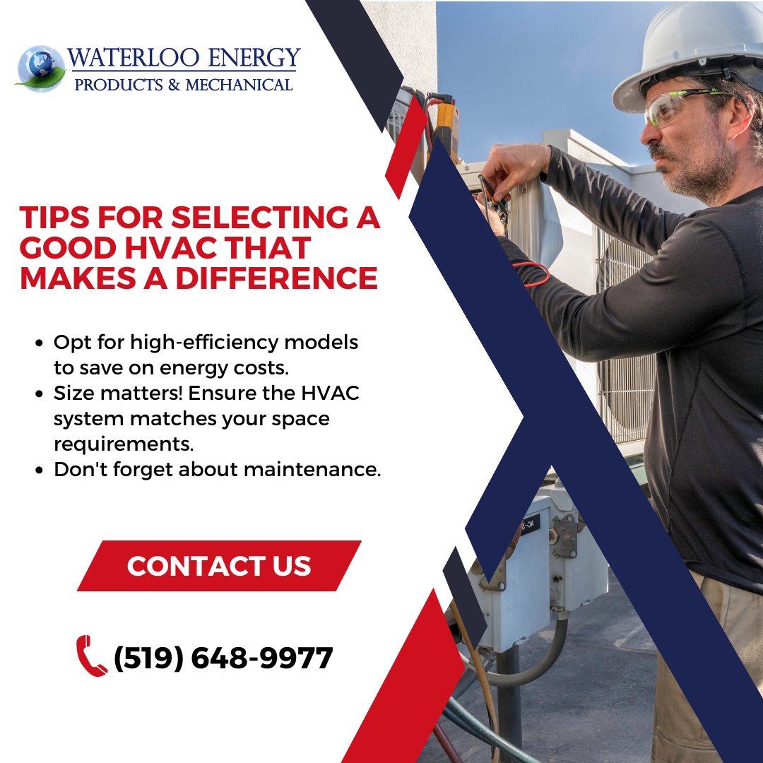 WaterlooEnergy's tweet photo. Selecting a Good HVAC Makes a Difference - Choosing the right HVAC system can have a significant impact on your energy efficiency, and overall satisfaction. Consider these pointers while making your selection: 
Opt for high-efficiency models to save on energy costs. https://t.co/52ltlRhu0c