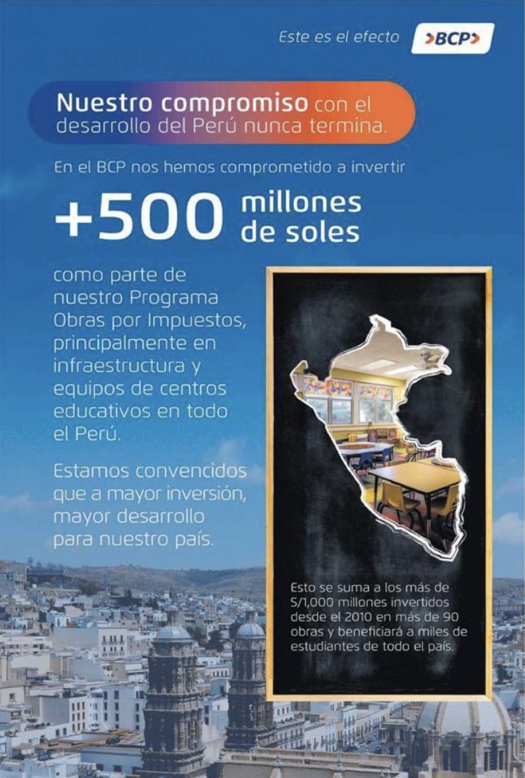 fonchocarrera's tweet photo. Las Obras por Impuestos han demostrado ser una manera muy efectiva para llevar infraestructura pública a las zonas más necesitadas del Pais

@BCPComunica va a destinar S/500 MM en este mecanismo,en lo que más se necesita: educación
@BCPComunica, Compromiso con el Perú!! 🇵🇪 https://t.co/LB4hNE8WVi