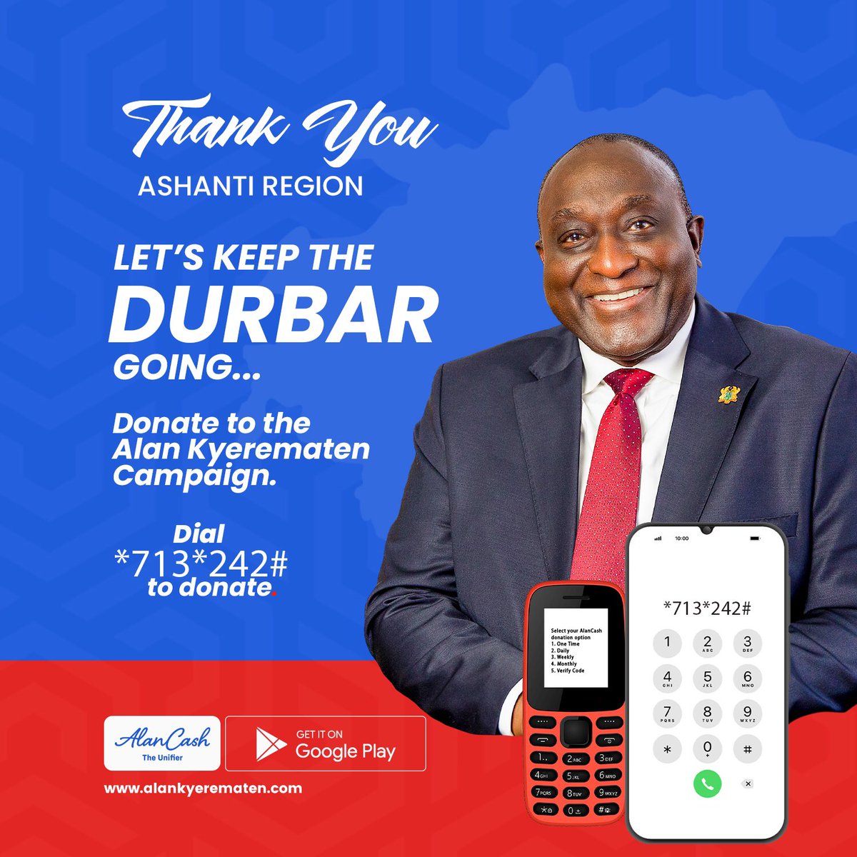HelpElectAlan's tweet photo. Thank you, Ashanti Region, for your overwhelming endorsement.
Support Alan Kyerematen, and let's keep the Constituency durbars going. 
 Dial *713*242# to donate via USSD code.
💻 Visit https://t.co/CdCPPwgxVQ to contribute online.
#KetewaBiaraNsua #SupportAlan #AduruWoSo #IsTime https://t.co/cG8q83QhFV