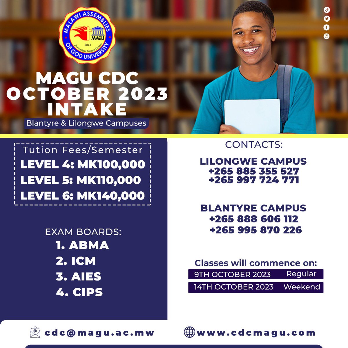 CdcMagu's tweet photo. "Enroll Now at MAGU-CDC's October Intake! Begin on October 9th for regular classes or October 14th for weekend classes. Explore ABMA, ICM, AIES, and CIPS programs. Apply for Blantyre or Lilongwe campus. #magucdc #cdc #malawi #malawicolleges #diplomacourses #admissions2023 https://t.co/sh3lcB0kRB