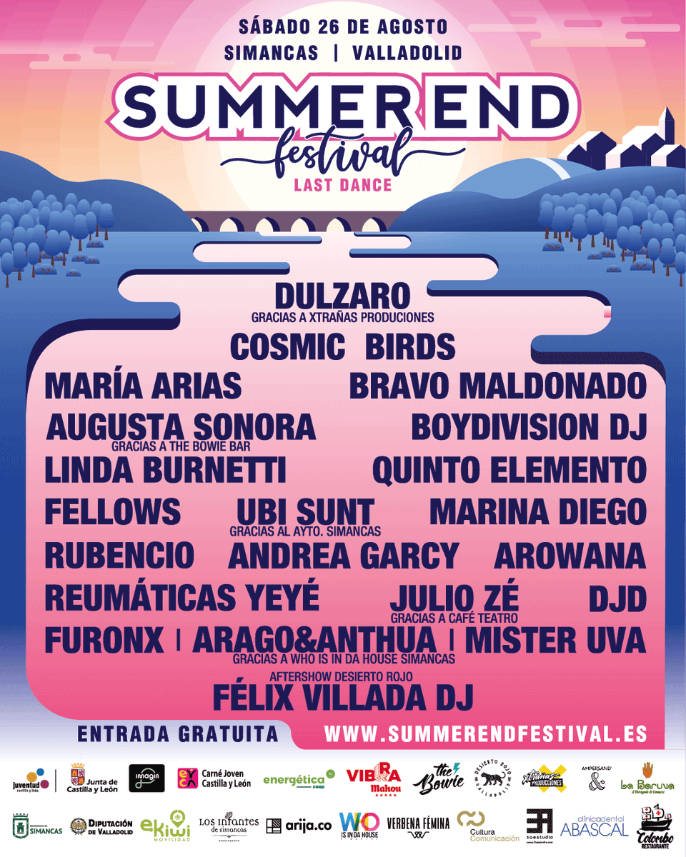 💥SUMMER END festival💥
▶El sábado 26 de agosto se celebra el @summerendfestival en Simancas, Valladolid.
🎸Completan el cartel <a href="/dulzaro/">DULZARO</a> , <a href="/cosmicbirds/">Cosmic Birds</a> <a href="/AndreaGarcy/">Andrea Garcy</a>  Marina Diego, <a href="/fellows_theband/">Fellows</a> , Julio Zé, Miste Uva y @_djdmusic