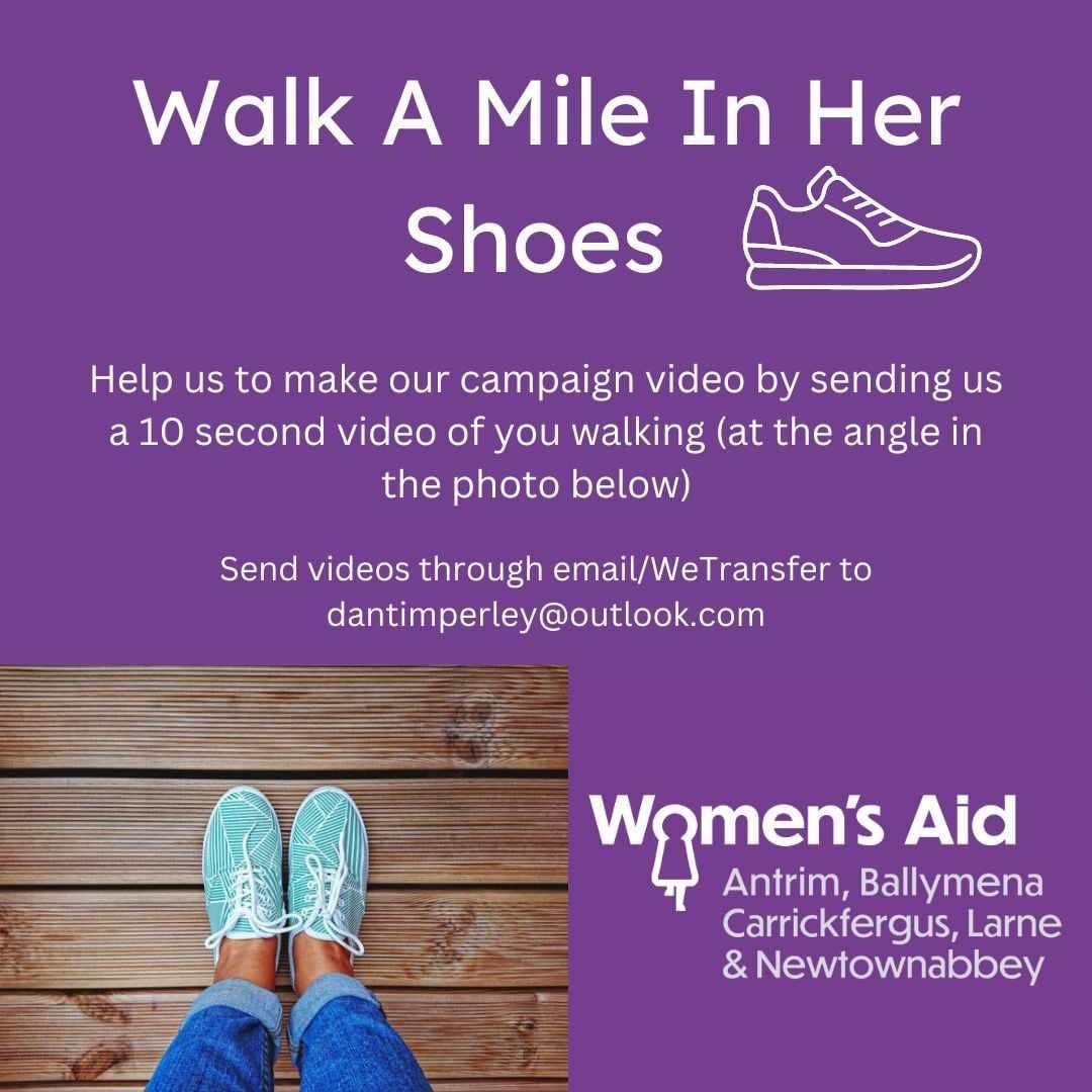 Daniella Timperley (@danitimperley) on Twitter photo Walk A Mile In Her Shoes 💜🌿
Can you help Women's Aid-ABCLN make a Walk A Mile campaign video by sending us a short video clip of you walking?
Hold your phone landscape and send your video clips by email to dantimperley@outlook.com
#WeAreWomensAid #WorkingToEndDomesticAbuse Walk A Mile In Her Shoes 💜🌿
Can you help Women's Aid-ABCLN make a Walk A Mile campaign video by sending us a short video clip of you walking?
Hold your phone landscape and send your video clips by email to dantimperley@outlook.com
#WeAreWomensAid #WorkingToEndDomesticAbuse