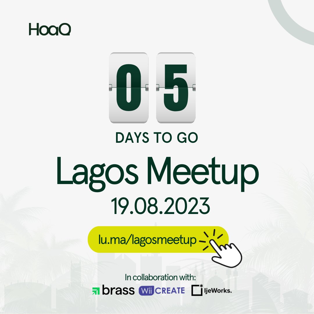 hoaqclub's tweet photo. 5 days until #HoaQLagosMeetup π
To honour the incredible support of our Members & Portfolio Companies, we've carved out special slots exclusively for you!
While we are prioritising #HoaQClub members, we invite everyone to register- https://t.co/vOekUlcR2b.
#HoaQ #LagosMeetUp https://t.co/YEf1zhsZpE