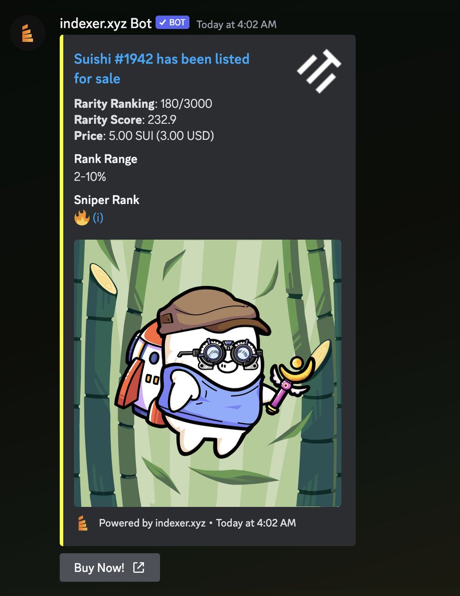 aurelius (@aurelius_xyz) on Twitter photo gm <a href="/SuiNetwork/">Sui</a>
Don't forget to use the sniper bots provided by <a href="/indexer_xyz/">indexer.xyz</a> in Sui Discords.
<a href="/suishi_nft/">Suishi | SOLD OUT💧</a> #1942 ranked 180/3000 was listed 3 hours ago and you would have been the first to spot it when using the sniper bots.
Snipe it on <a href="/tradeportxyz/">TradePort</a>: tradeport.xyz/sui/collection… gm <a href="/SuiNetwork/">Sui</a>
Don't forget to use the sniper bots provided by <a href="/indexer_xyz/">indexer.xyz</a> in Sui Discords.
<a href="/suishi_nft/">Suishi | SOLD OUT💧</a> #1942 ranked 180/3000 was listed 3 hours ago and you would have been the first to spot it when using the sniper bots.
Snipe it on <a href="/tradeportxyz/">TradePort</a>: tradeport.xyz/sui/collection…